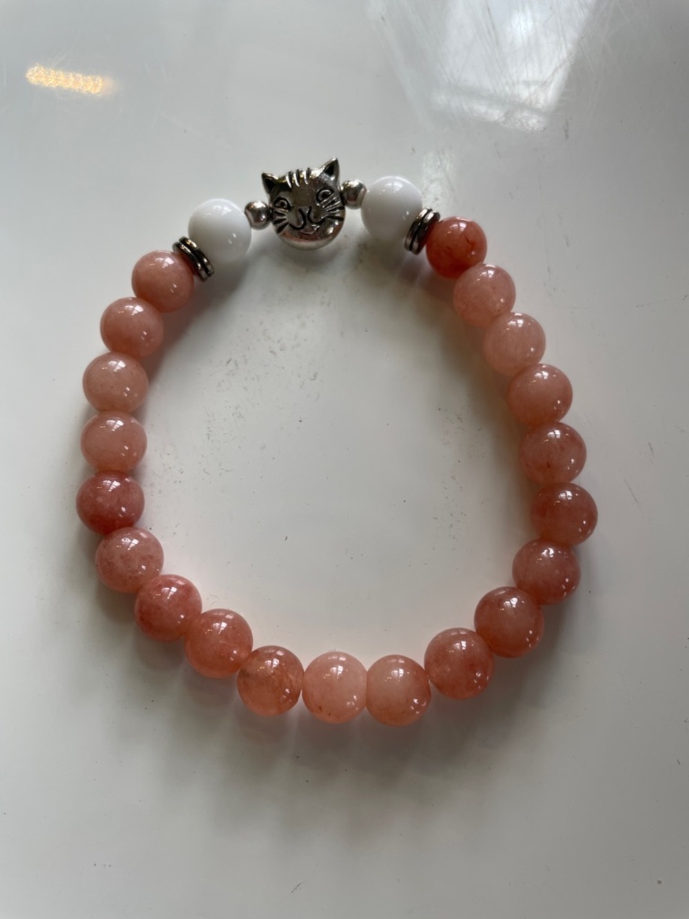 Starwberry quartz crystal bead  Cat Charm Stretch Bracelet